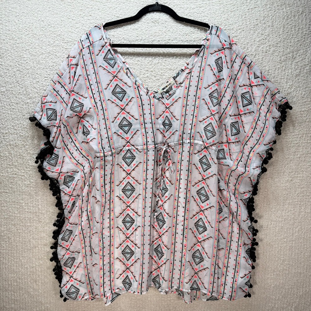 Miken Swim Cover-Up Tunic Pom Trim Geometric Print Resort Wear‎ L